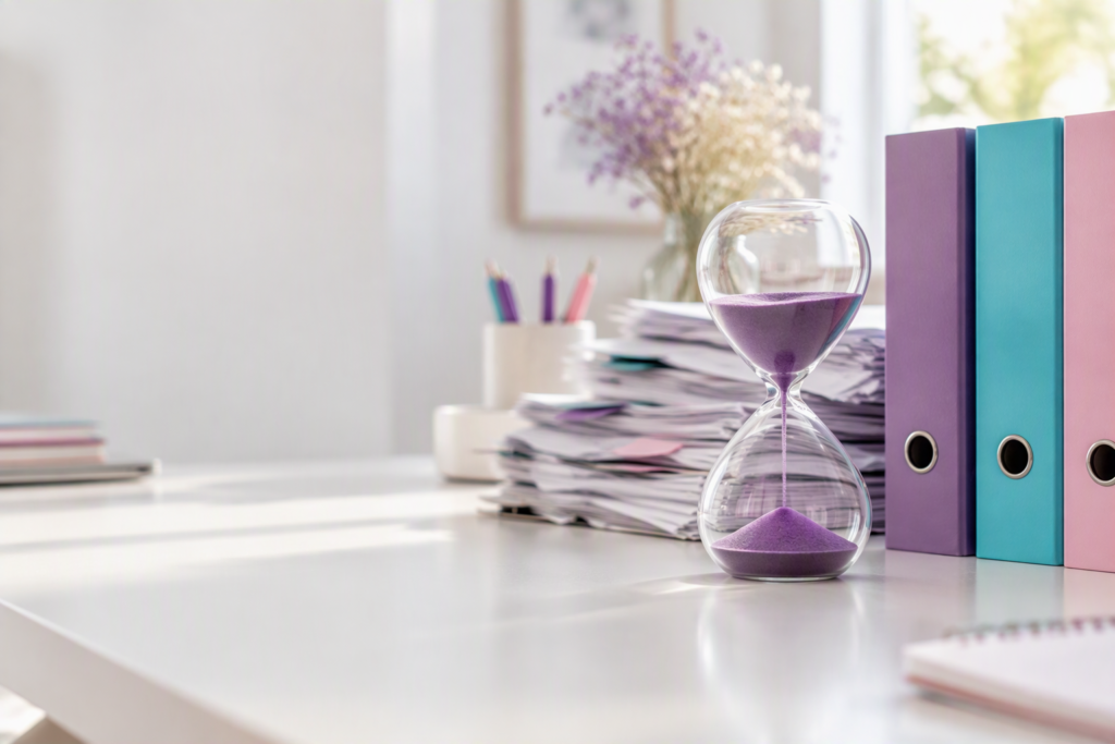 Sablier violet entre une pile de papiers et des classeurs rangés
