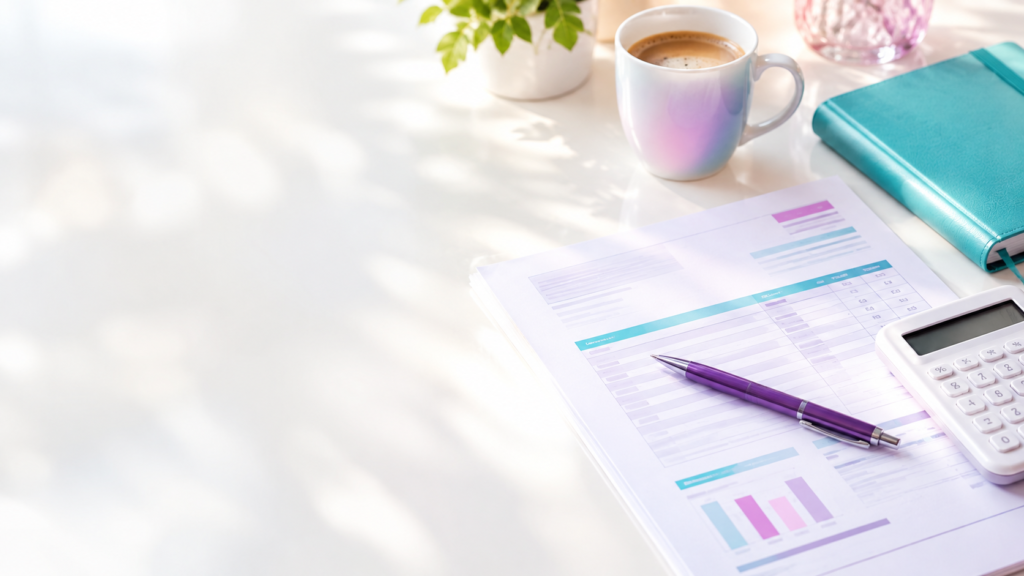 Devis, stylo violet et calculatrice sur un bureau lumineux