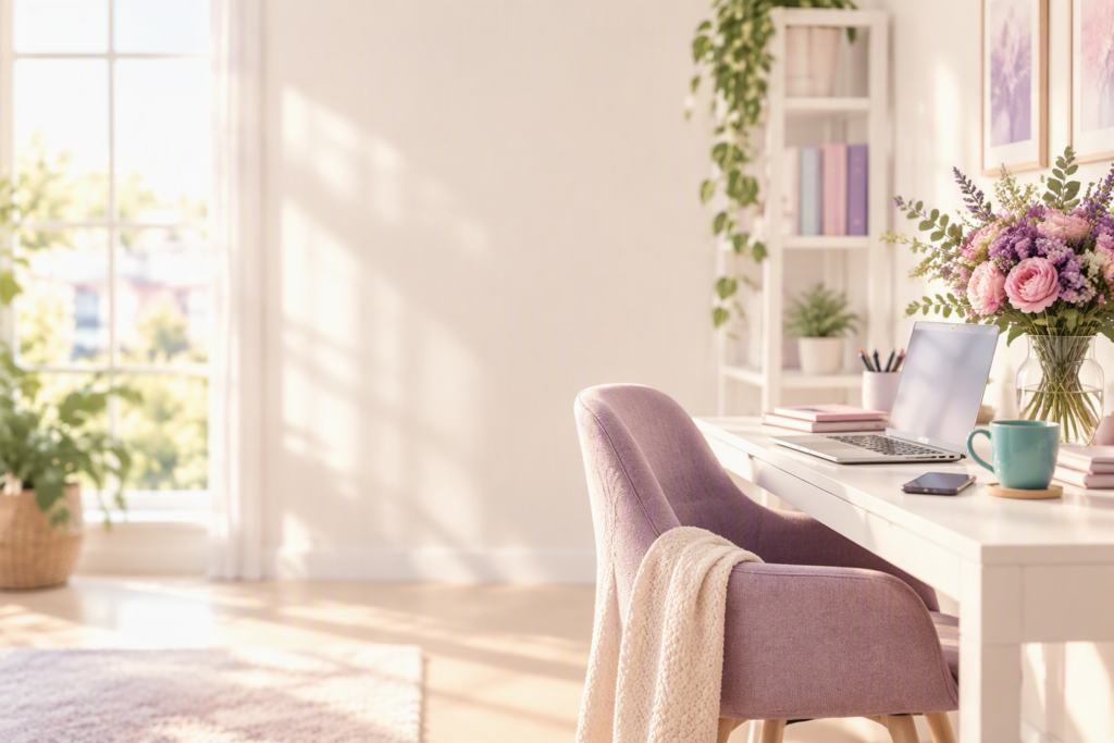 Bureau lumineux et accueillant, avec chaise violette, ordinateur et bouquet de fleurs