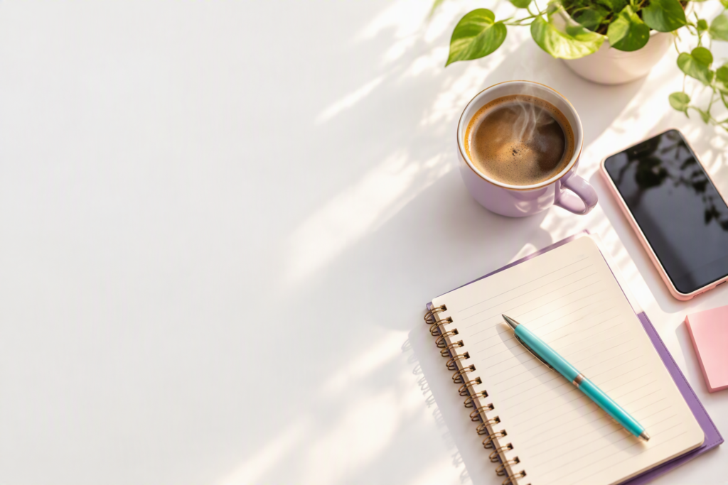 Tasse de café, carnet ouvert et stylo turquoise sur un bureau blanc
