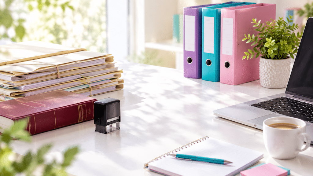 Bureau où des dossiers juridiques côtoient des classeurs colorés et un ordinateur portable