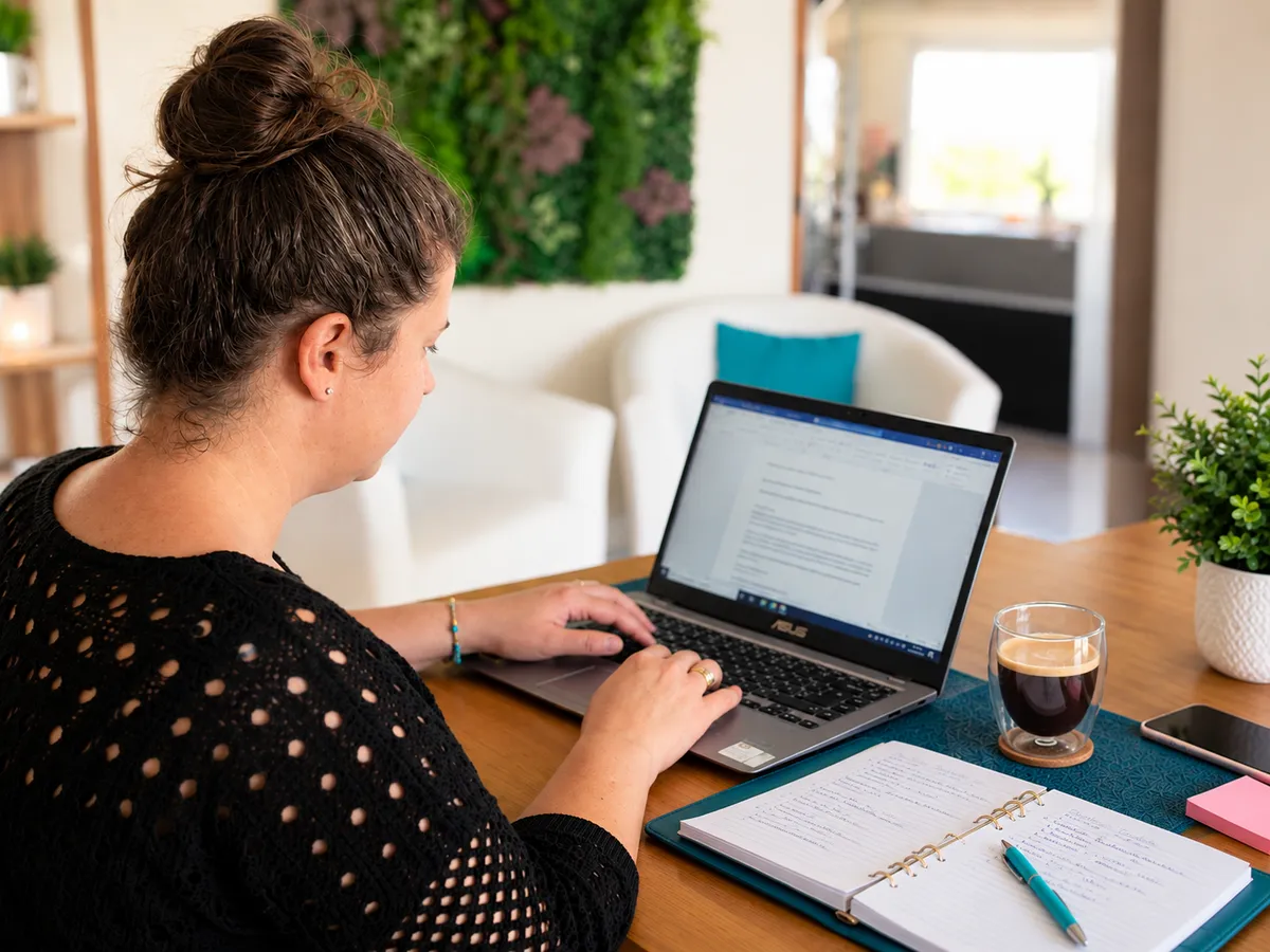 Gersende Simon, assistante administrative, au travail sur son ordinateur portable à son bureau